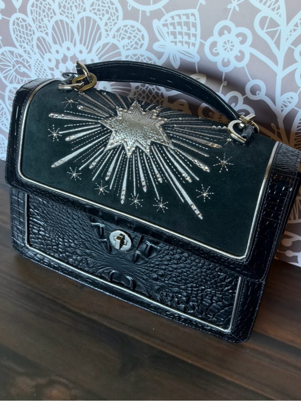 FIRM Brahmin Hallie Black Revel Luxury CRYSTALS ITALIAN SUEDE Satchel Bag $495 - Picture 8 of 13
